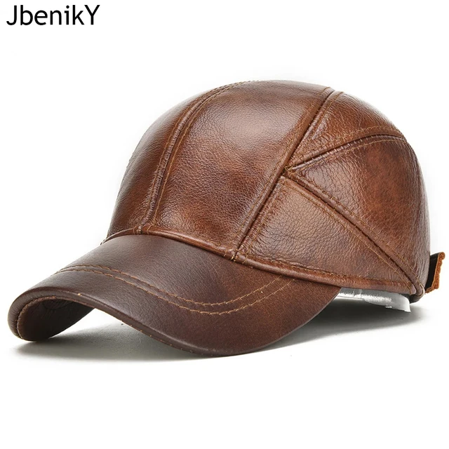 Brand Men Casual Real Leather Earflap Cap Men Real Cowhide Leather Caps Male Fall Winter Genuine Real Cow Leather Baseball Hats 1