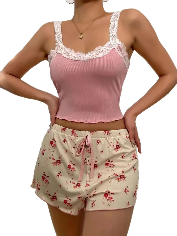 Women's Two-Piece Summer Ribbed Knitted Flower Print Lace Trimmed Camisole Vest and Bow Shorts Sexy Pajama Set