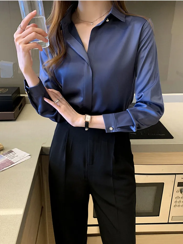 Camisa de seda mujer, blusas de moda de larga para mujer, Top de satén