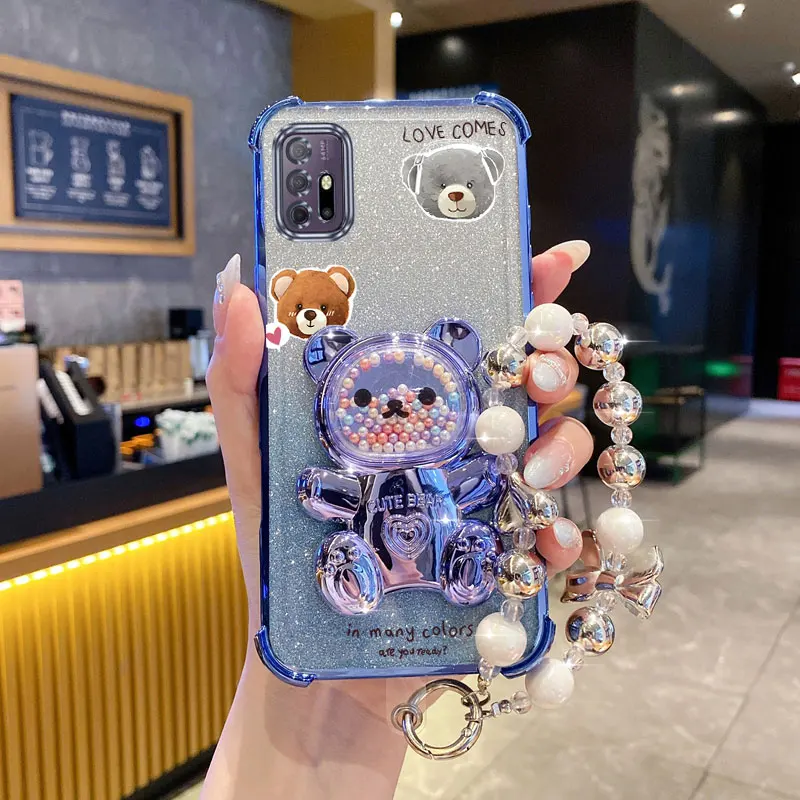 Pearl Strap Glitter Care Bear Phone Holder Case with Stand Cover