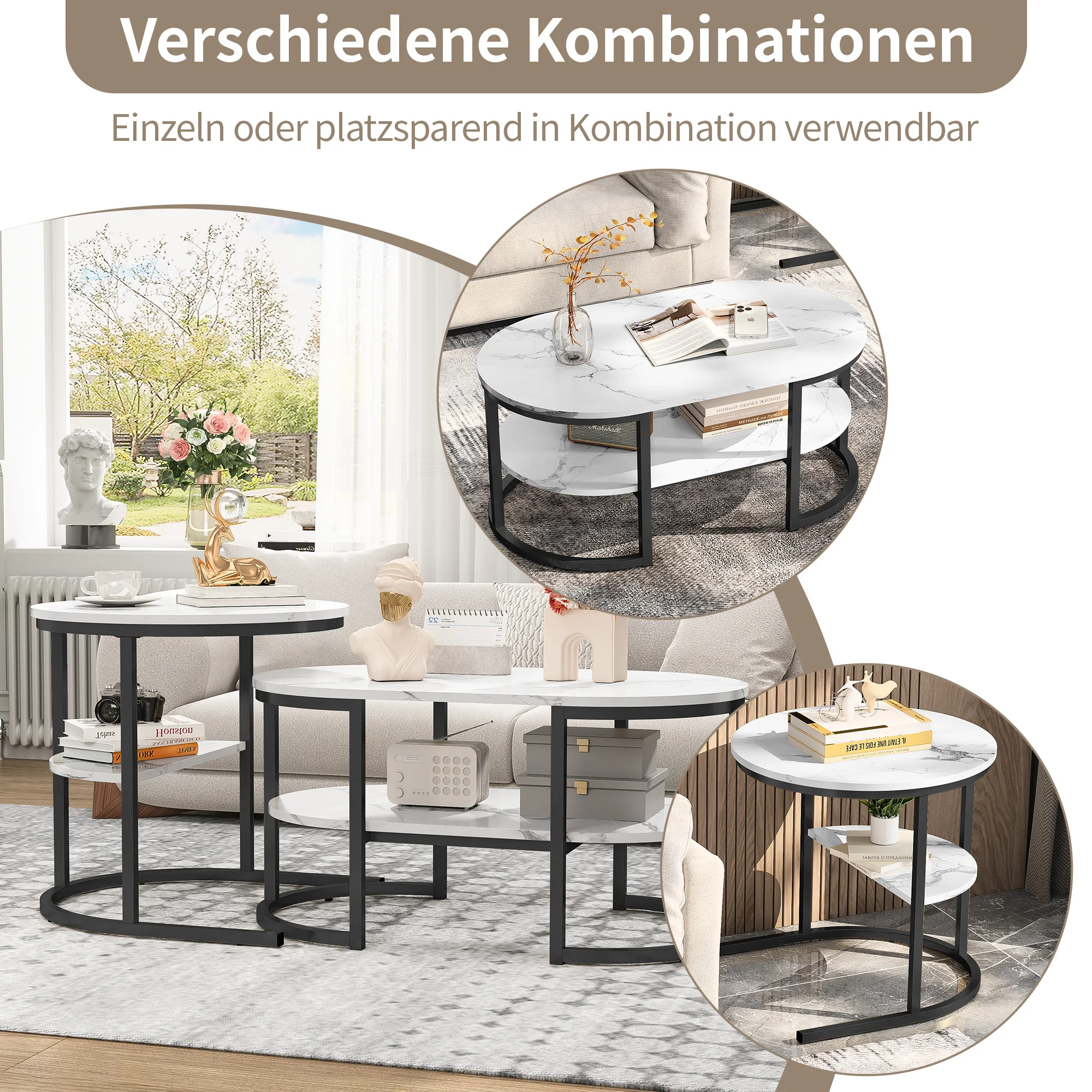 Rosahqnda 2er-Set Couchtische, Wohnzimmer-Beistelltische, Marmor-Look + Metallrahmen, Wohnzimmer-Sofatisch, moderner Couchtisch – Detail 37