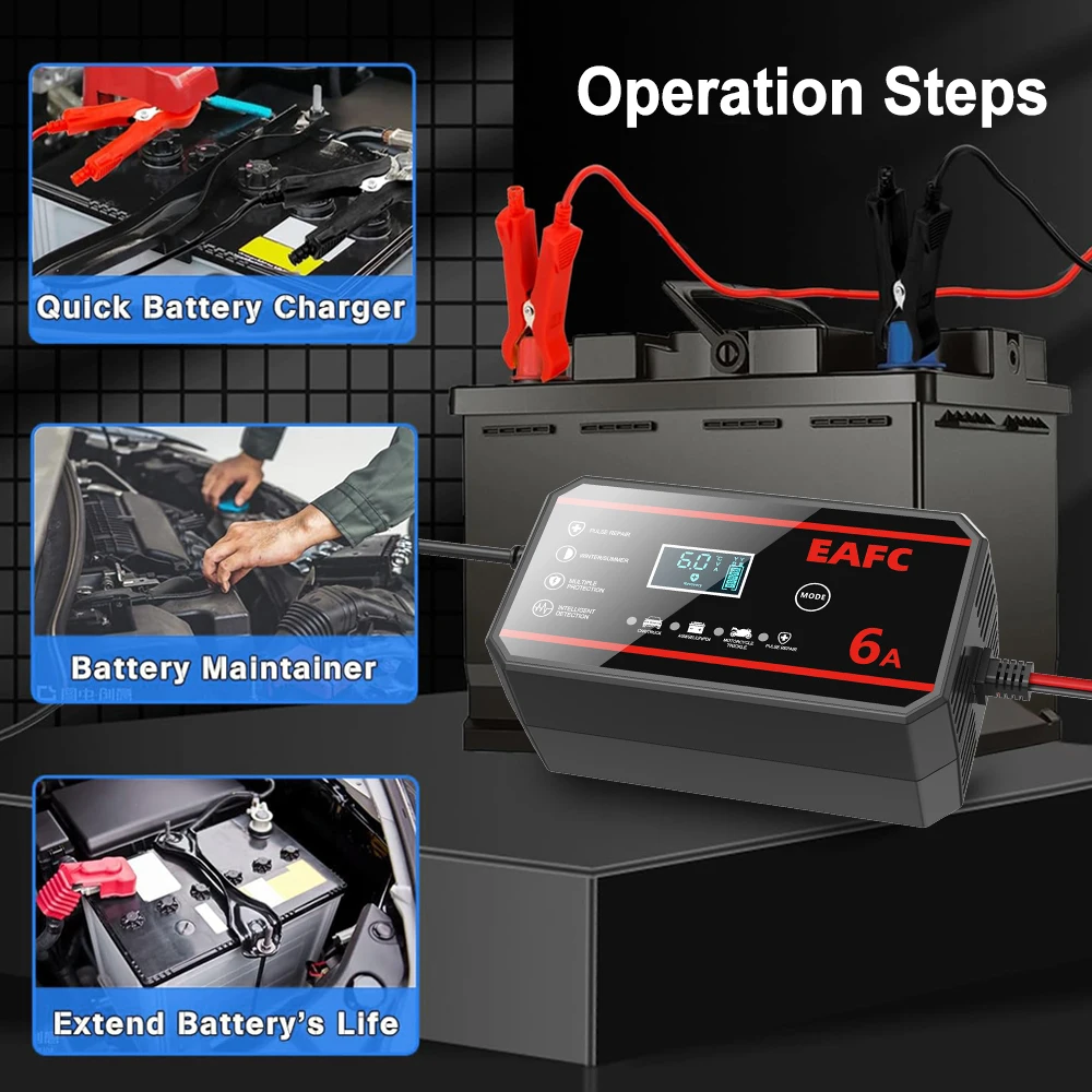 EAFC Tragbares 6A/8A 12V Smart Batterieladegerät Automatisch für Erhaltungslithium LiFePO4 Blei-Säure-Batterien Auto Motorrad Ladegerät – Detail 6