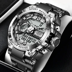 Digital Men's Steel Military Wristwatch with LED Quartz Display (Silver black)