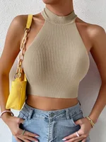 Knit Sleeveless Halter Tops for Women Basics Solid Slim Fitted Crop Womens Turtleneck Ribbed Vest Y2K High Neck Tank Tops - Image 3