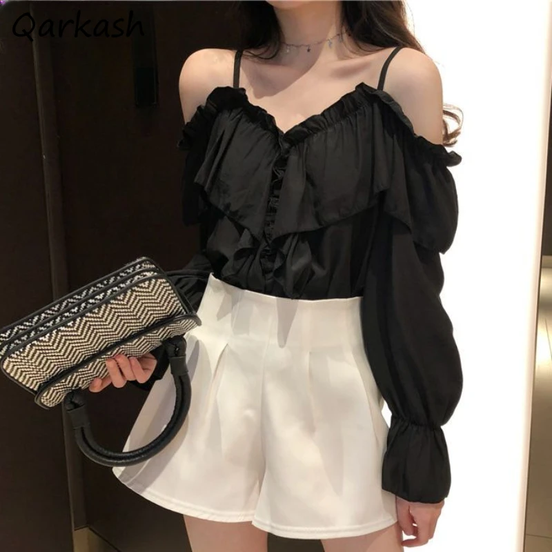 

Women Shirt V-neck Flare Sleeve Ruched Ruffle Loose Fit Off-shoulder Sweet Sexy Girls Solid Korean Fashion All-match Spring Tops