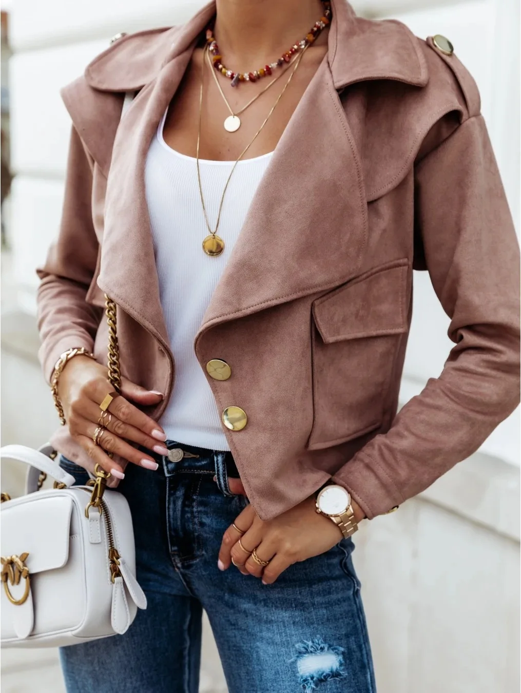 

2023 Autumn/Winter New Long Sleeve Pocket Short Coat Women's Wear