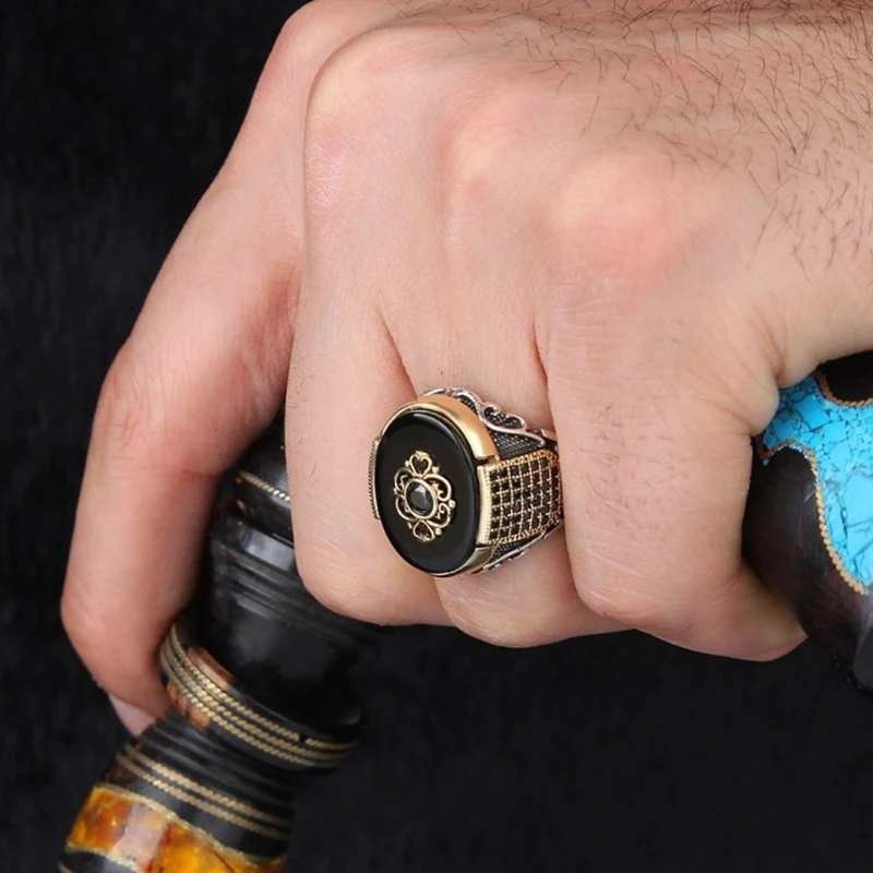 Retro Handmade turkish rings For Men Vintage Double Swords Black Zircon Punk Trendy Islamic Religious Muslim Jewelry