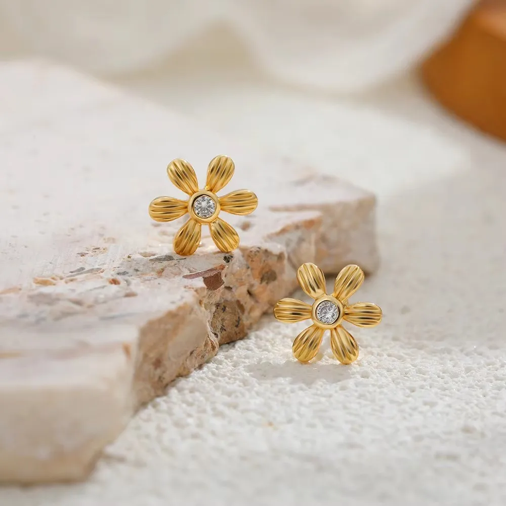 Delicate Stainless Steel Striped Flower Ear Stud 18K Gold Plated Chunky Heart Creative Knot Pearl Drop Earrings Banquet Jewelry