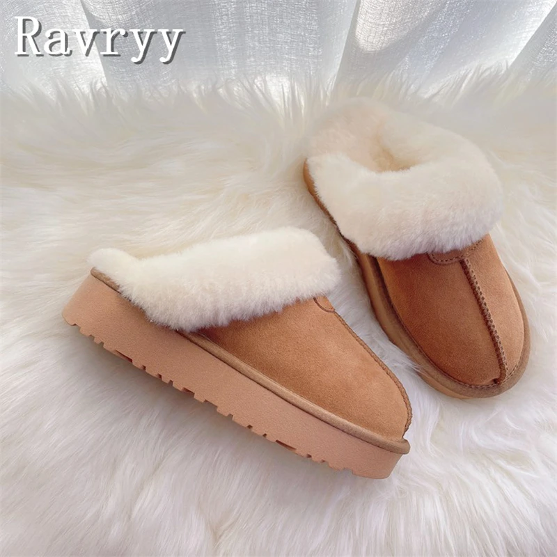 

Winter New Warm Wool Slippers Unisex Quality Cow Suede Platform Thick Sole Anti-Slip Soft Slipper Home Indoor Lover Footwear