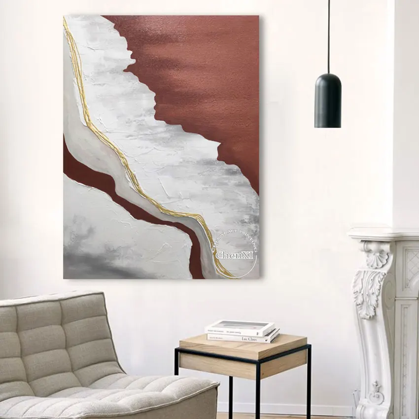 

Free Shipping Contemporary Gold Foil Hand Painted Abstract White Brown Oil Paintings On Canvas Large Kitchen Decor Unframed