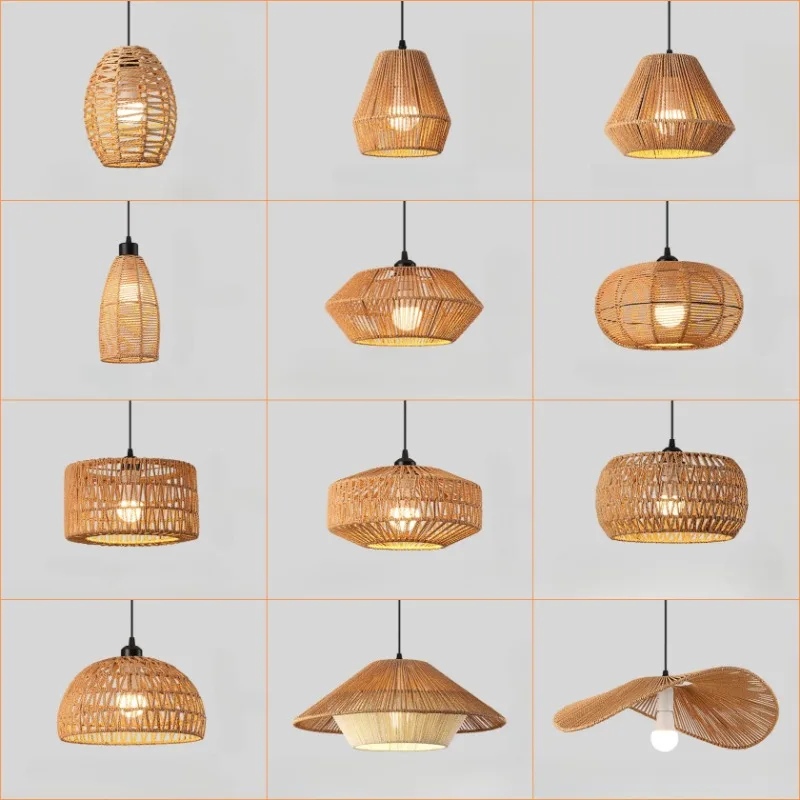 Boho Rattan Pendant Light Fixture Vintage Farmhouse E27 Hand Woven Hemp Rope Hanging Chandelier Retro Wicker Basket Pendant Lamp