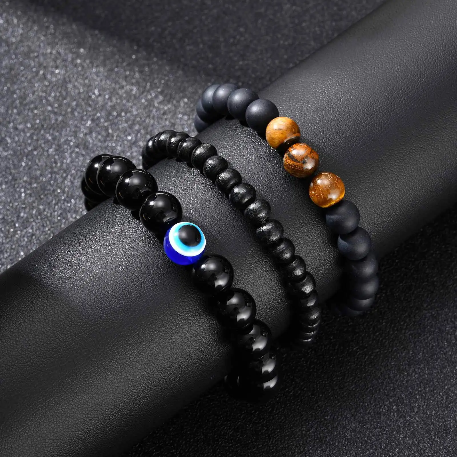 3pcs Black Beaded Bracelet for Men,Natural Agate Wooden Bead Wristband,Punk Stacked Bead Bracelet Gift
