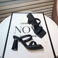 High-Heeled Shoes Lady Square heel'    Luxury Slides Block 2025 Summer Soft Designer Flat Rubber Fabr - Image 2