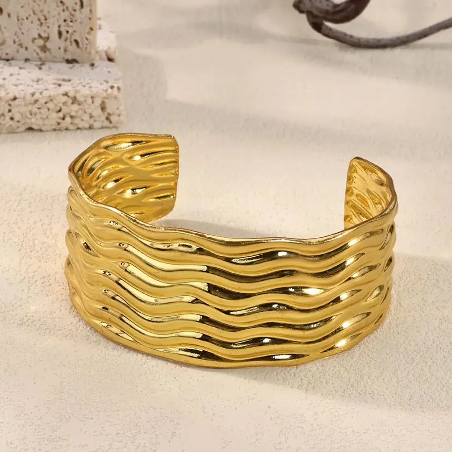 Stainless Steel Wide Wave Cuff Bracelet For Women Christmas Jewelry