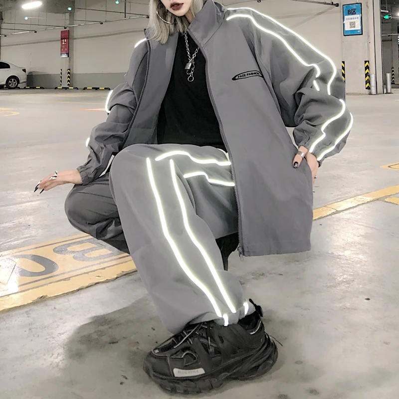 

Two-Piece Joggers Sets with Reflective Stripe on Side for Women, Harajuku Clothing, Ladies Fashion Trends, 2021