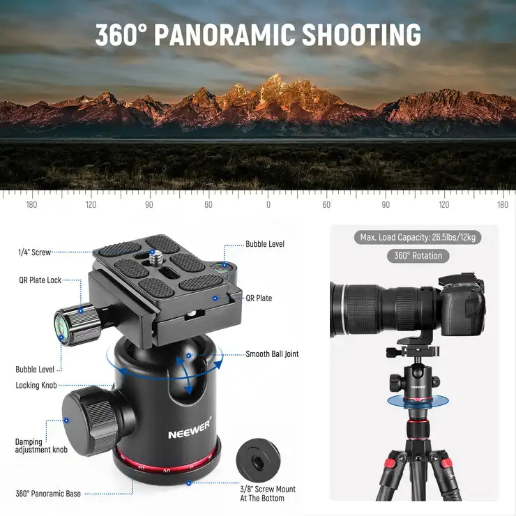 NEEWER N55C 다목적 볼 헤드, 탄소 섬유 모노포드 삼각대, 운반 가방 포함, 360 °, 68 인치