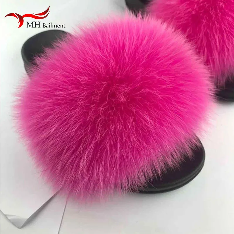 Summer Women Fox Fur Slippers Furry Flat Heels Fluffy Pink Slides High Quality Cozy Raccoon Fuzzy Sandals Fashion House Shoes