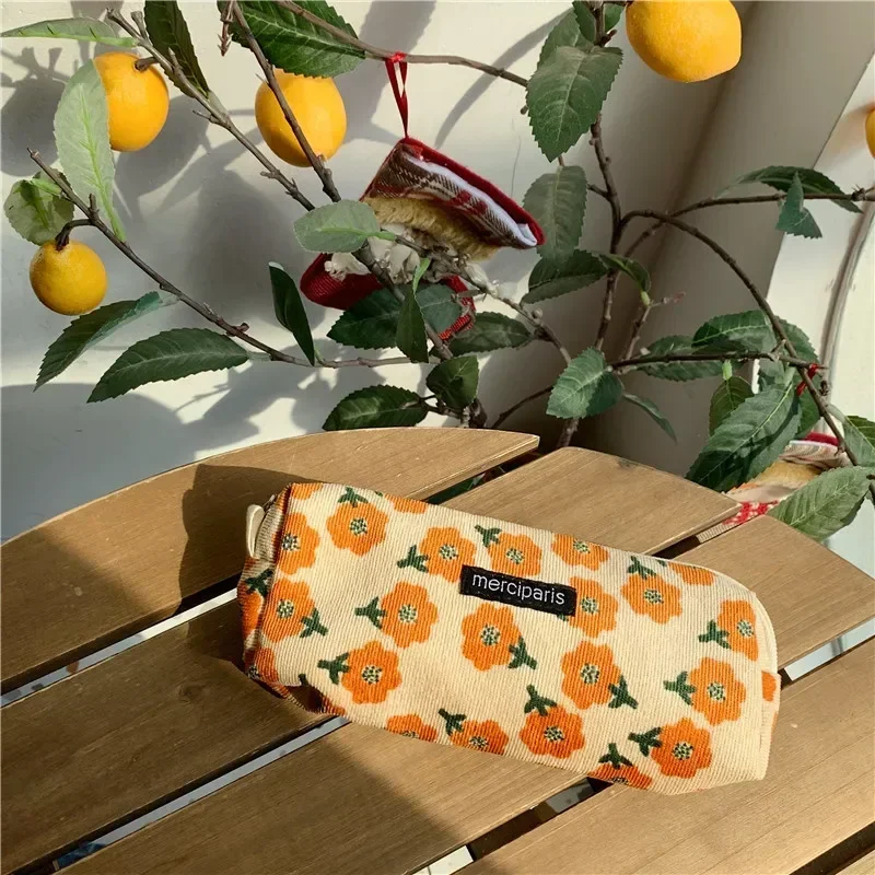 Women Corduroy Flower Cosmetic Bags Travel Brush Lipstick Storage Case Female Makeup School Stationery Pencil Cases 4