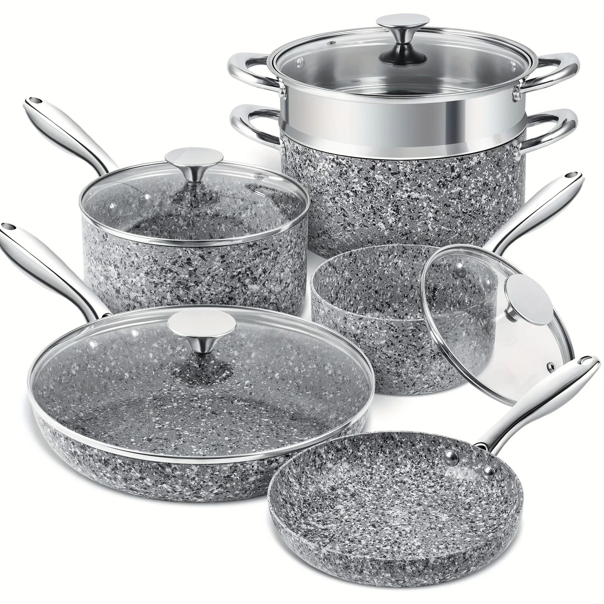 

Stone Cookware Set 10 Piece, Ultra Nonstick Pots and Pans Set with Stone-Derived Coating for Kitchen, Granite - 10 Piece