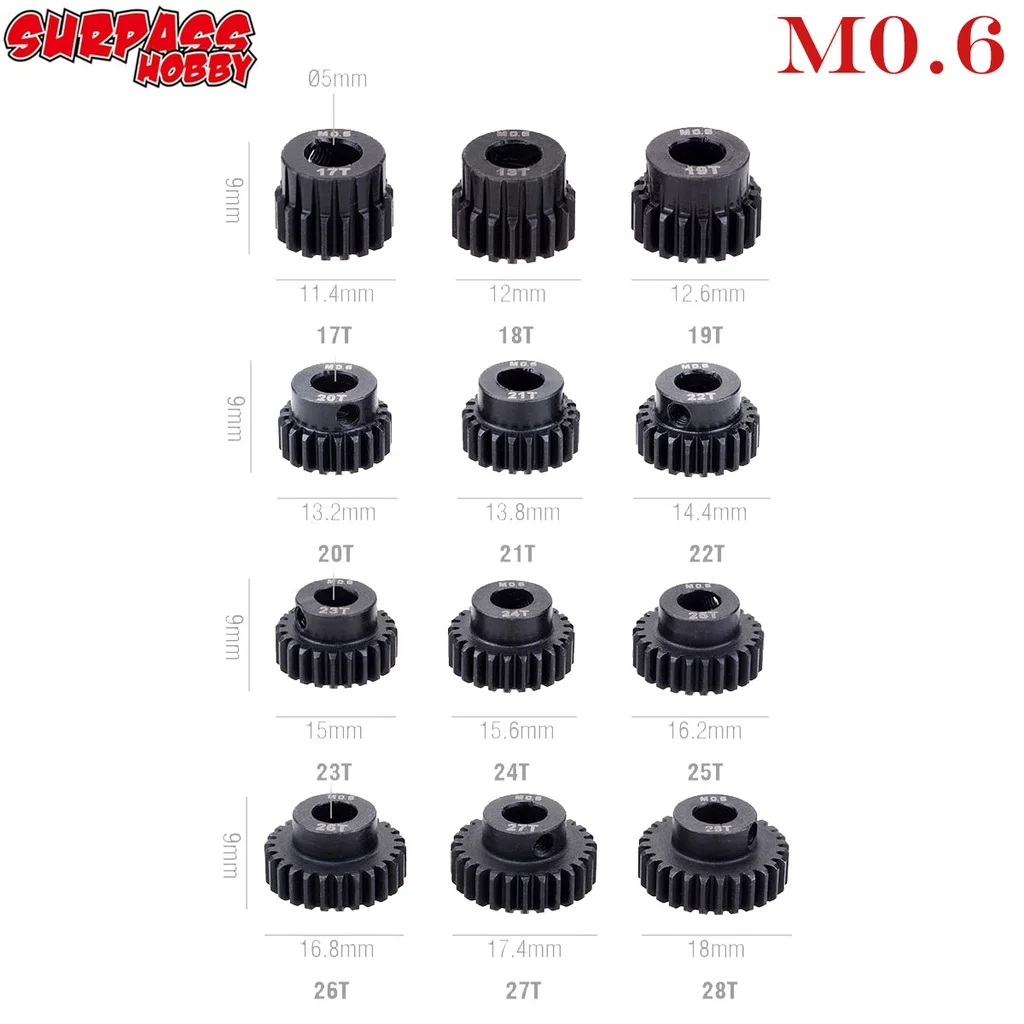 

SURPASS-HOBBY 2PCS M0.6 5mm 17T 18T 19T 20T 21T 22T 24T 26T 28T 30T steel metal Pinion Motor Gear For 1/10 Rc Model Car Motor