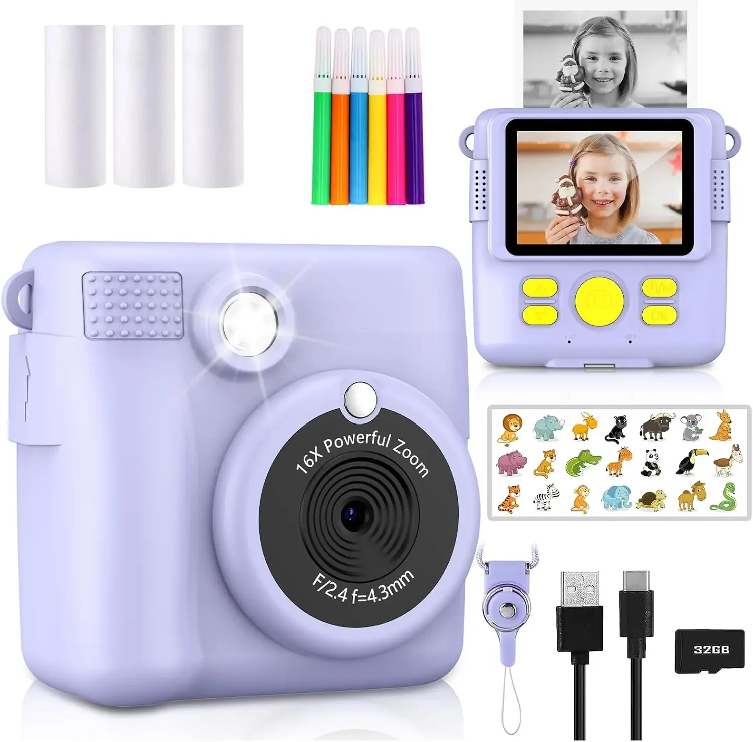 Cámara Instantánea Infantil GREENKINDER – HD 1080P Con Impresión Sin Tinta, Tarjeta De 32GB Y 5 Rollos De Papel Térmico