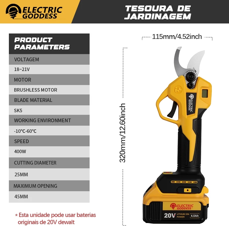 전기 여신 브러시리스 45mm 전기 가지치기 가위 Dewalt 20V 배터리 무선 과일 나무 분재 전기 가위