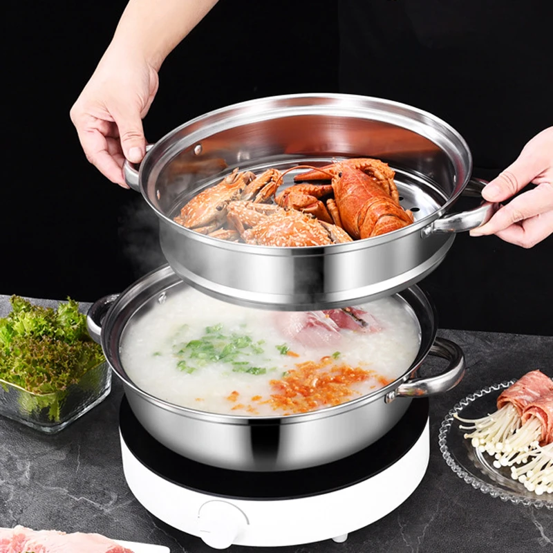 28CM Thick Double Soup Steamer Multi-purpose Pot Troops Hot Pot Stainless Steel Steamer Double Handle Household Outdoor Portable