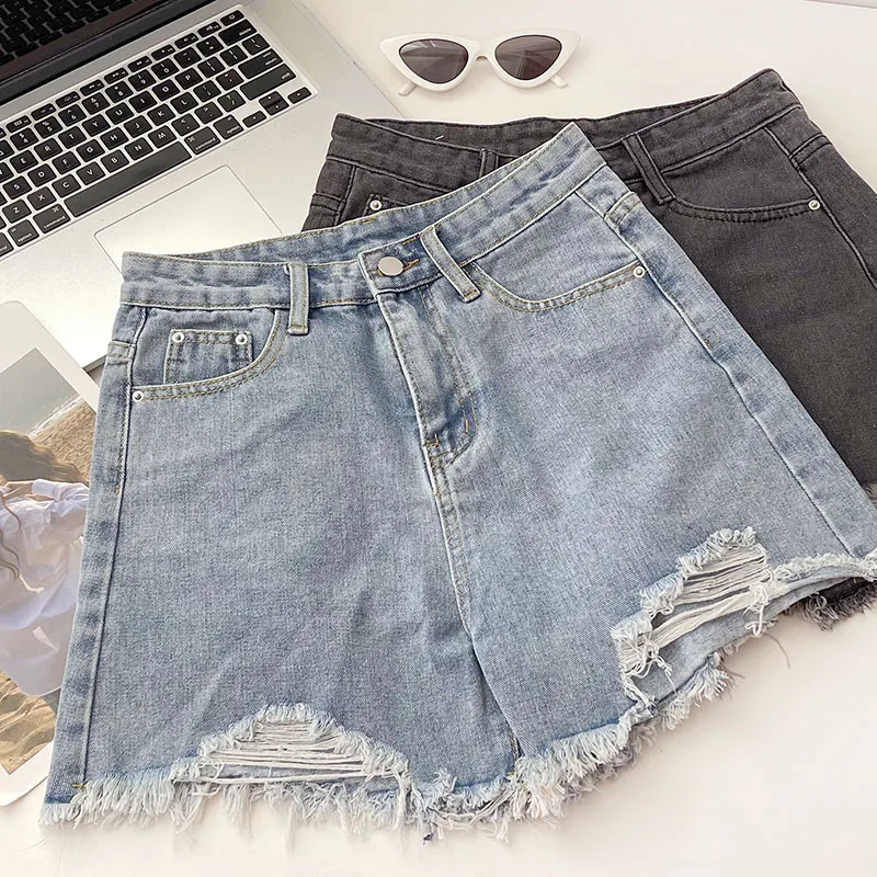 

Vintage washable basic hem design high waist slim denim shorts