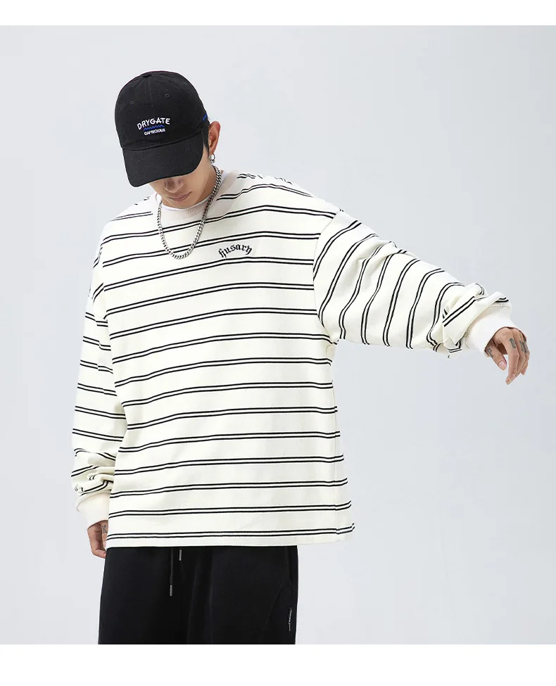 Stripe Sweater  Unisex Anywear Women’s Men's Japanese Autumn Round Neck Versatile Loose Couple Long Sleeve Top Oversized Crewneck Japan Sweaters for Man Woman Trendy in Black Beige White