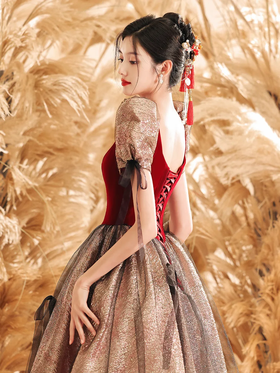 

Women Vintage Evening Dresses Long A-Line Square Neck Bubble Sleeve Floor-Length Elegent Velvet Shiny Cocktail Engagement Gowns