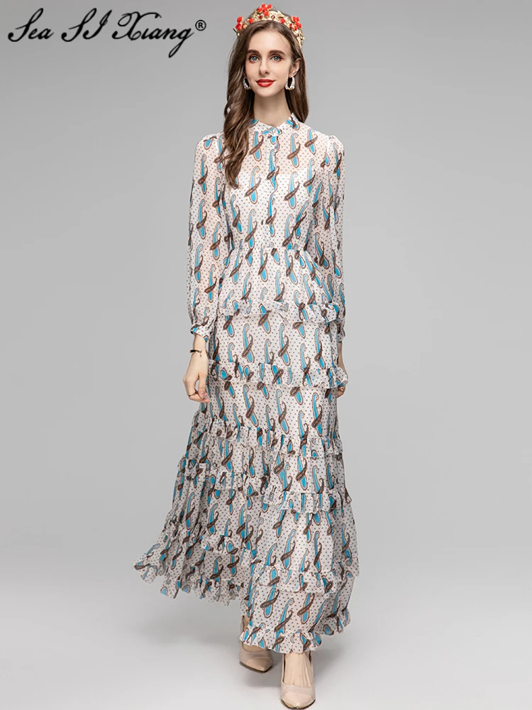 

Seasixiang Fashion Designer Autumn Maxi Dress Women Stand Collar Lantern Sleeve Cascading Ruffles Print Elegant Party Dresses