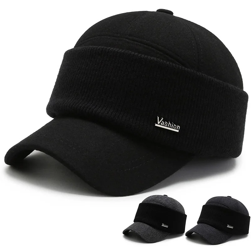 

Men Winter Earflaps Hat Baseball Cap Woolen Hat Golf Hat Warm Cap Snapback Cap Visor Brim Shade Earmuffs Felt Mask Cap Sports