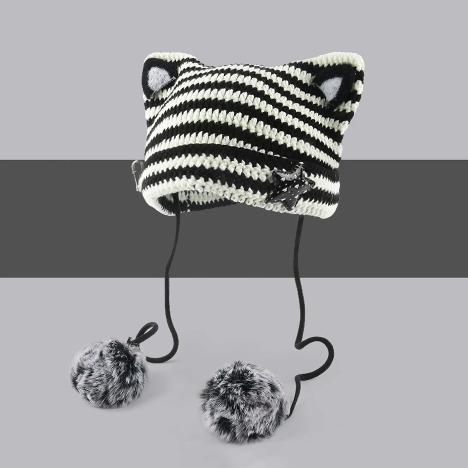 Japan Designer Handmade Pentagram Wool Beanie Y2K Hat Ladies Autumn Spring Warm Cat Ear Knit Stripe Beanie Cap with Pompom 2