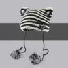 Japan Designer Handmade Pentagram Wool Beanie Y2K Hat Ladies Autumn Spring Warm Cat Ear Knit Stripe Beanie Cap with Pompom 2