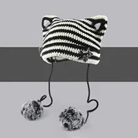 Japan Designer Handmade Pentagram Wool Beanie Y2K Hat Ladies Autumn Spring Warm Cat Ear Knit Stripe Beanie Cap with Pompom 2