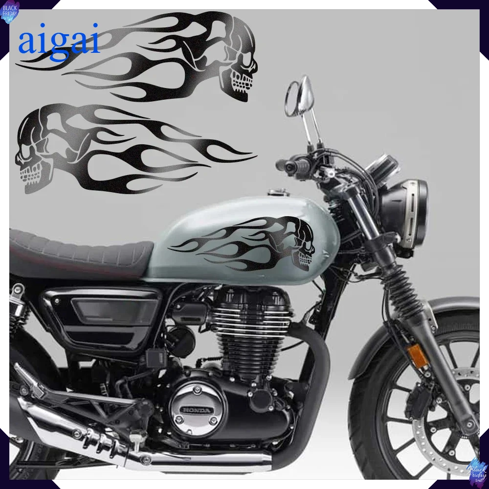 Flame Skull Reflective Motorcycle Tank Decal Stickers - Waterproof Decorative Accessories (Set of 2)