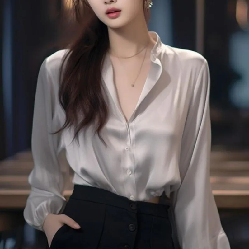 

Spring New Korean Commuter Solid Color Spliced Crew Neck Single-breasted Long Sleeve Shirts All-match Women's Clothing Blouses