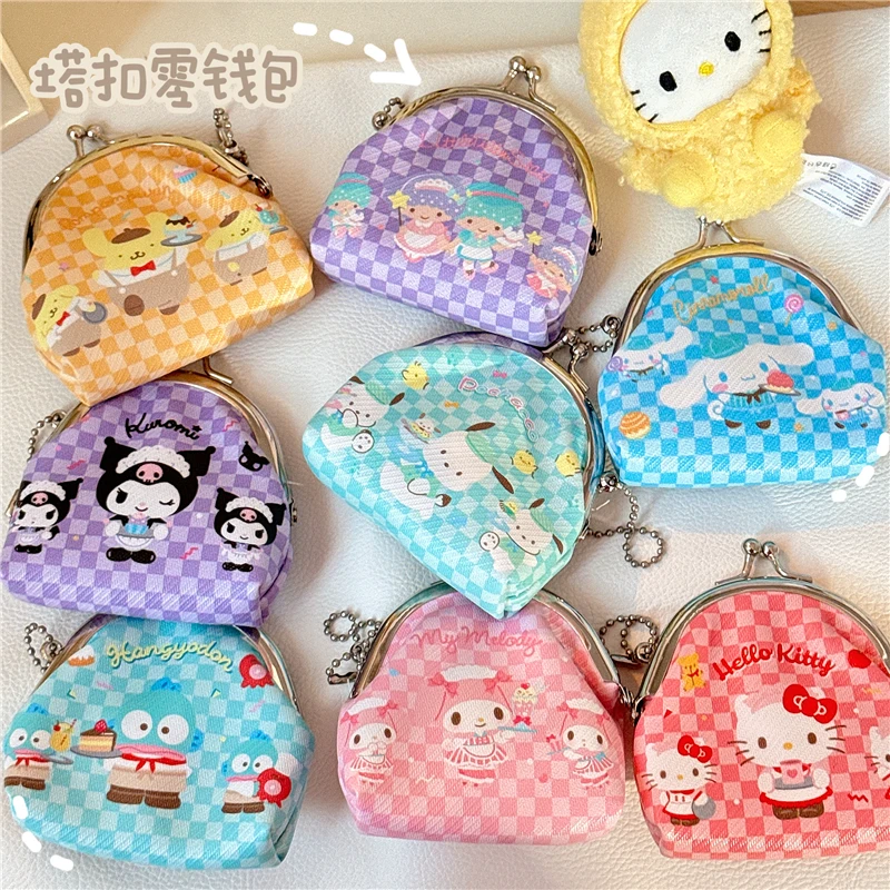 

Kawaii Hello Kitty Kuromi My Melody мультяшный клетчатый Кошелек из искусственной кожи с пряжкой для монет аниме Sanrio Милая Портативная сумка для наушников с сердечками для девушек