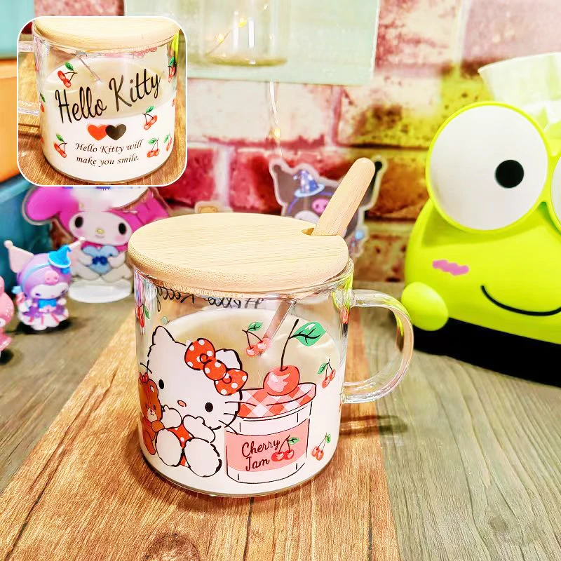 Sanrio Hello Kittys Glass Cups Kawaii Anime Cartoon Dormitory Bedroom  Oatmeal Milk Water Cups Toy Girls Christmas Gifts