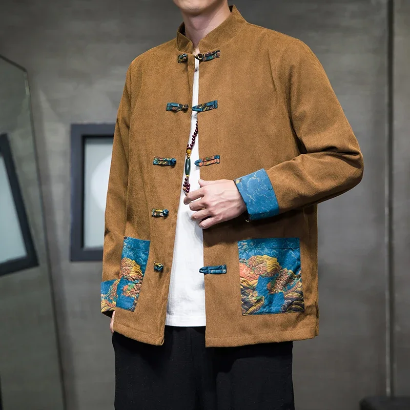 

Chinese Wind Colour Collision Ethnic Style Retro Chinese Collar Plate Buckle Jacket Men's Autumn Casual Tang Suit
