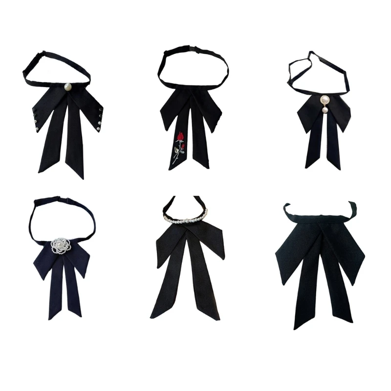 

Women Girl Pre-Tied Bows Tie Pearl Beaded Jewelry Long Ribbon Necktie with Adjusted Straps School Uniform Bowknot Bowtie