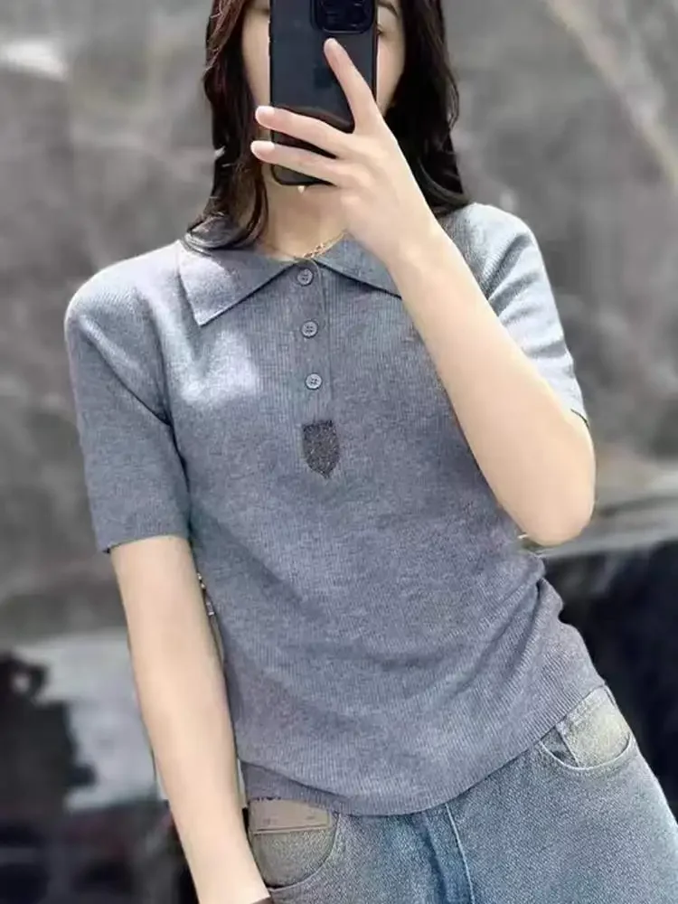 

Women Lapel Knitwear Short Sleeve Sheep Wool Spring Summer Half Sleeve T-shirt