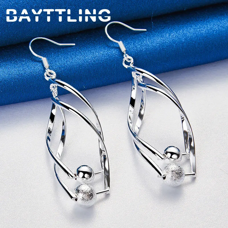 

925 Sterling Silver Delicate 50MM Twisted Pair Beads Drop Earrings For Women Fashion Wedding Party Couple Gifts Jewelry