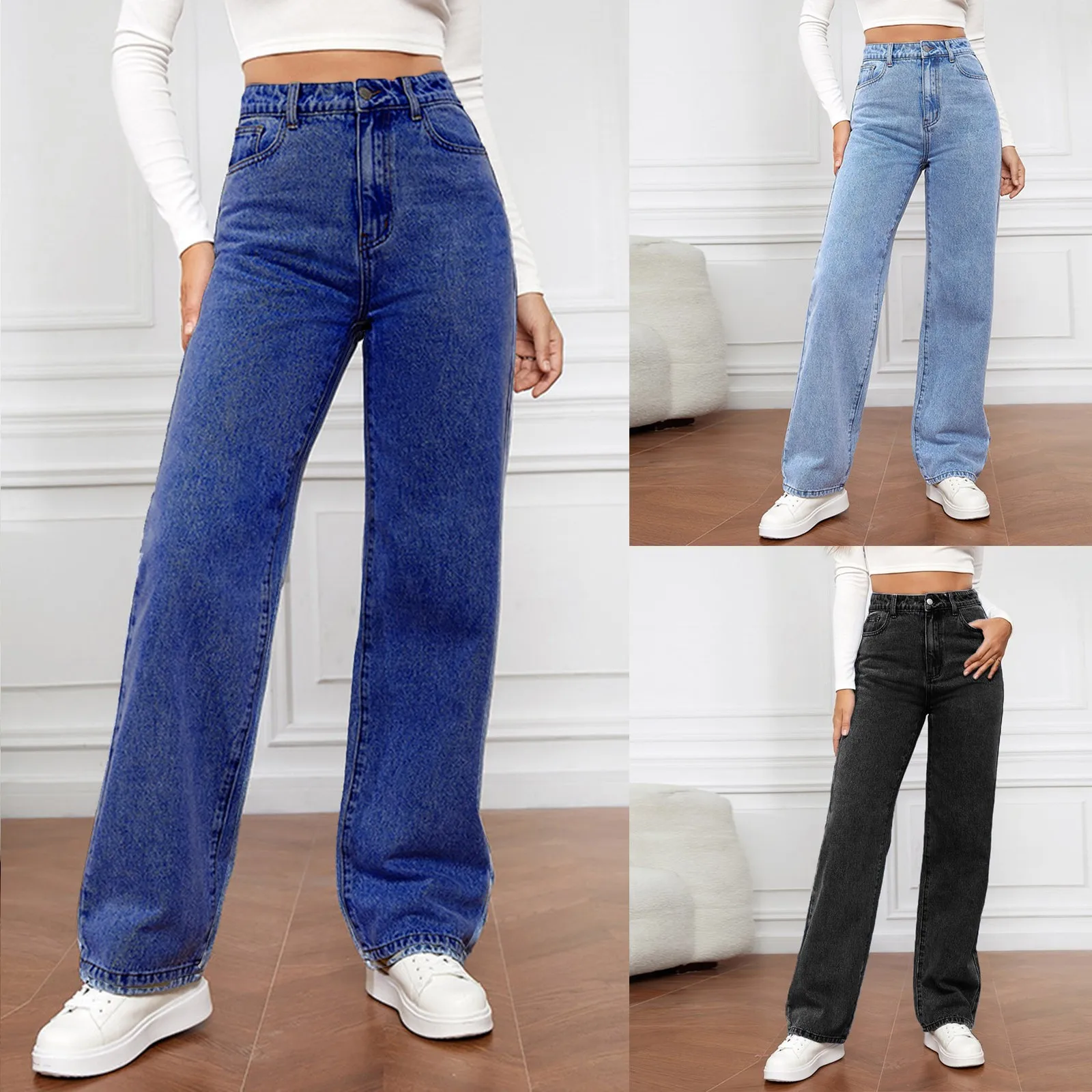 High Waist Jeans Women Baggy Jeans 2024 New Fashion Straight Leg Pants Y2k Denim Trousers Vintage Loose Blue Washed Mom Jeans 90