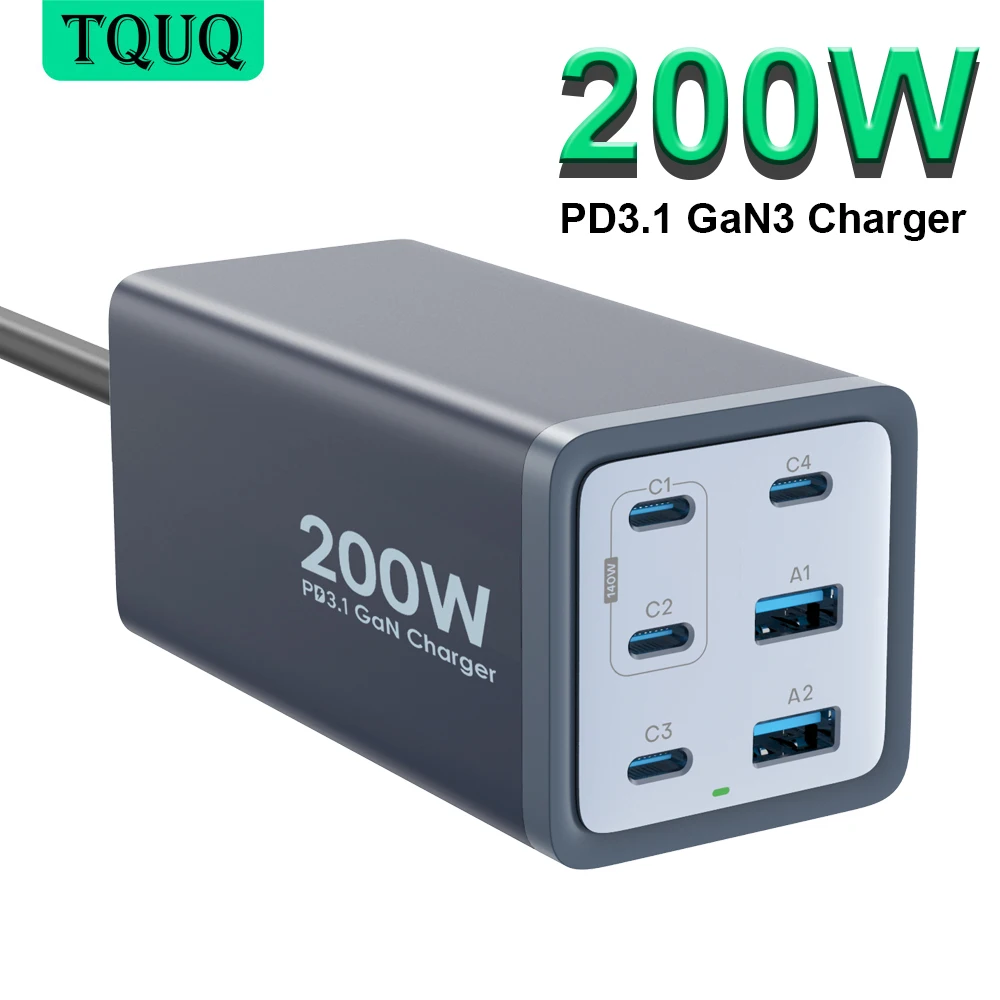 

Настольная зарядная станция TQUQ GaN 200 Вт, быстрая зарядка 3,0 PD 3,1, быстрая зарядка USB Type-C для MacBook, Samsung, iPhone, ноутбуков