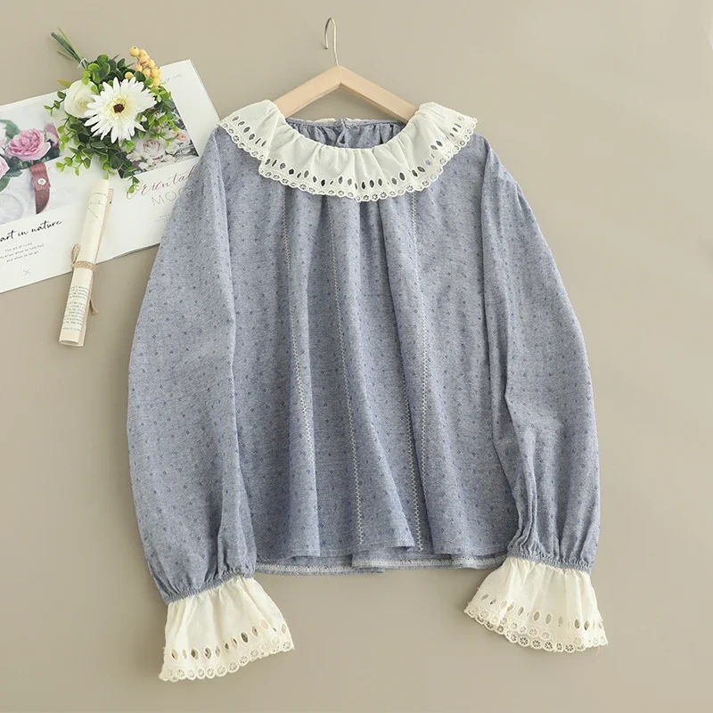 Spring Summer Sweet Mori Girl Hollow Out Embroidered Shirt Women Long Sleeve Casual Loose Cotton Linen Blouse Tops