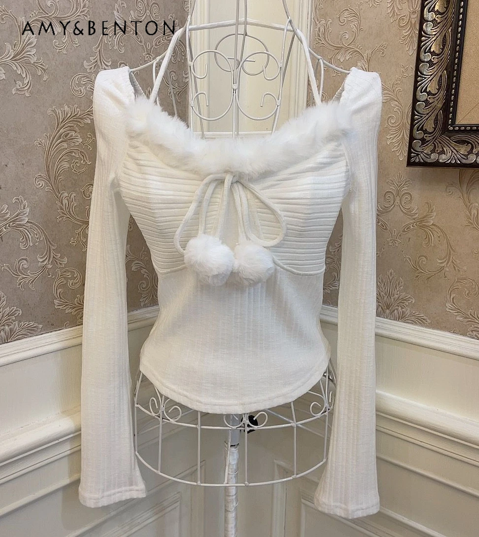 

Autumn New Sweet Girl Rabbit Fur Bow Lace-up Push Ball Pendant Short Sweaters Slim Fit Square Collar Halter Sexy White Pullovers
