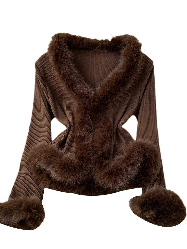 Fall Winter Korean Sle V-Ne Splice Bell Sve Slim Fit Fur Sweater Women Casual Outerwear Top Thiened Long Sve