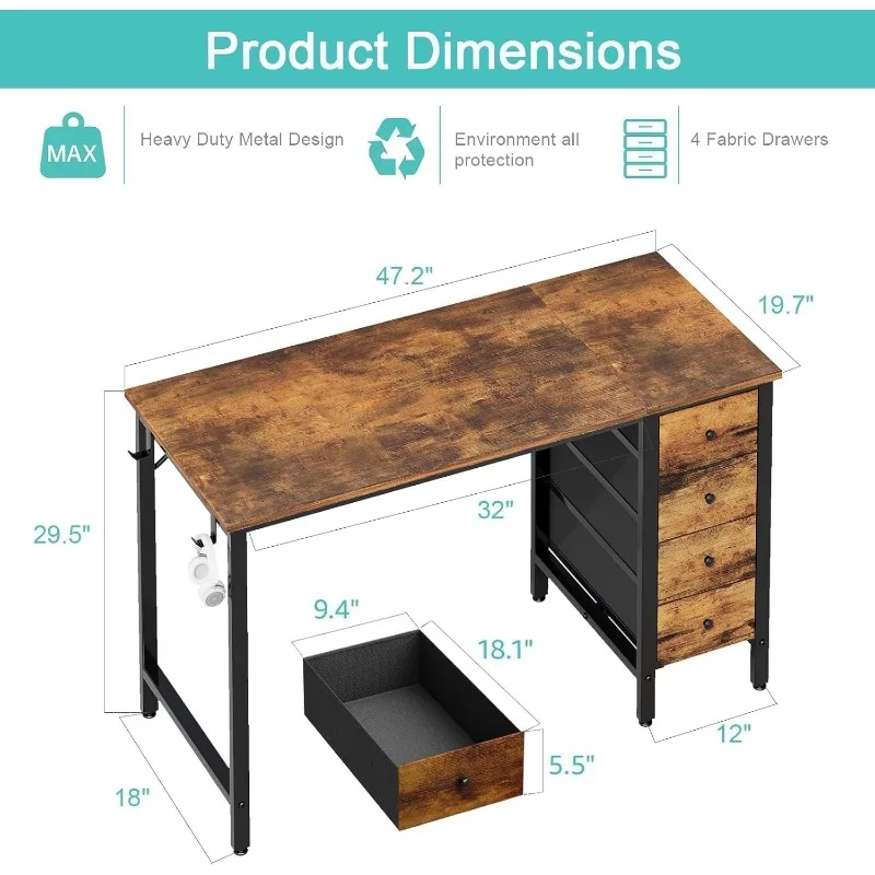 47 inch Computer Desk with 4 Fabric Drawers, Reversible Writing Work Study Desk for Home Office Bedroom, Modern Simple 3