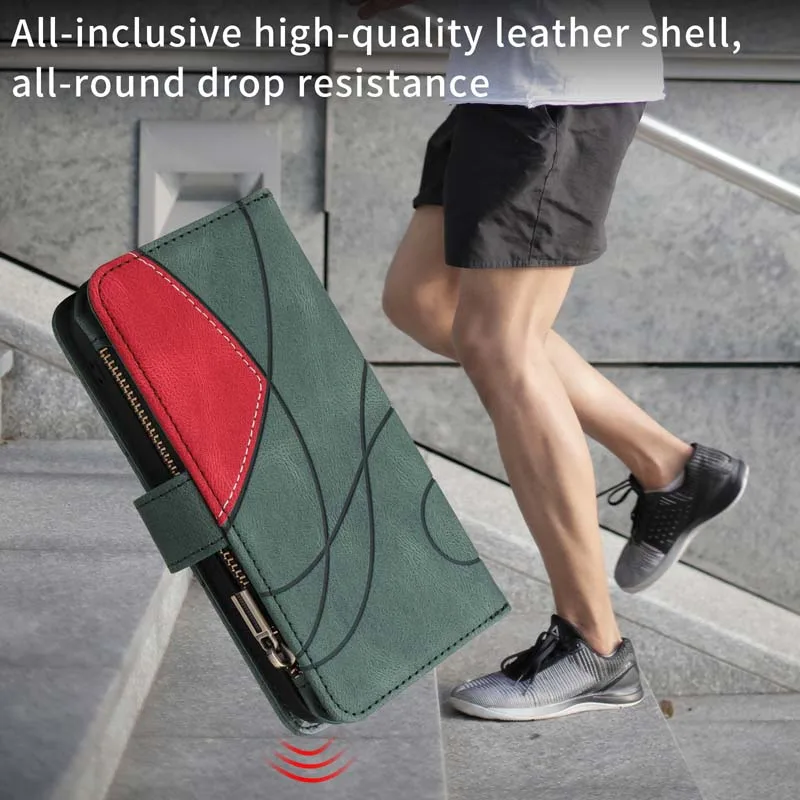 Leather Flip Wallet Phone Case with Zipper and 9-Card Holder Slots